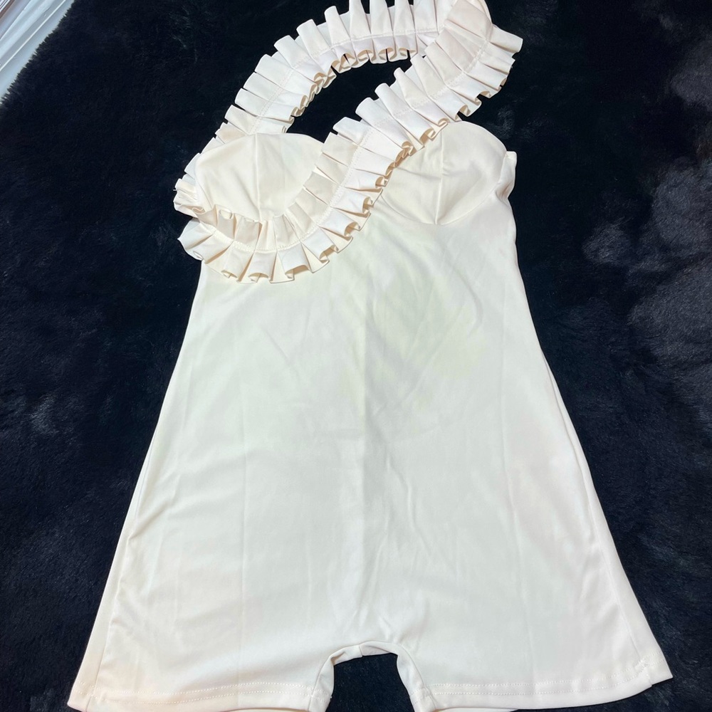 Cream One shoulder ruffle romper